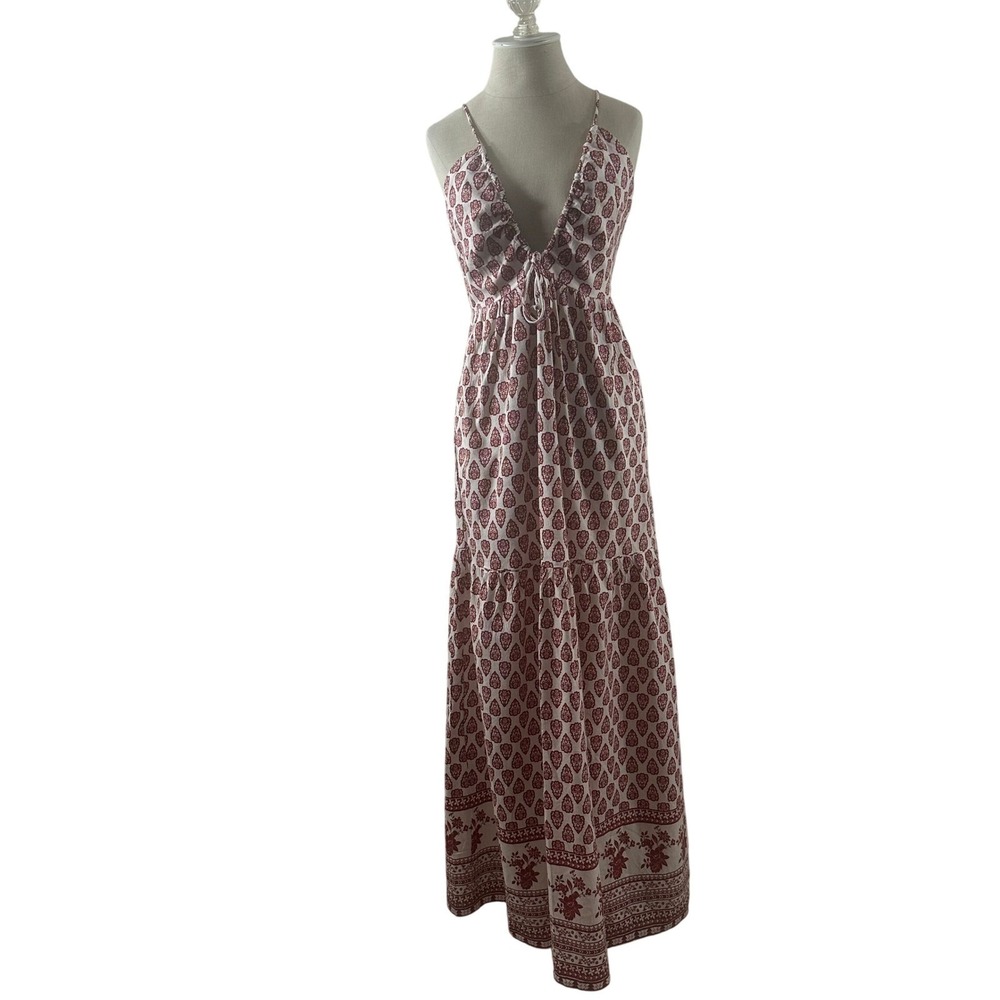 Sim & Sam Womens Red Cream Block Print Boho Maxi Dress Rayon Linen Size M NEW